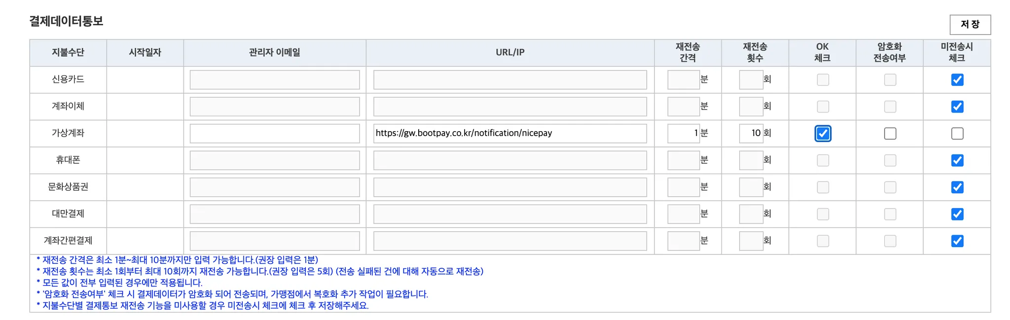 나이스페이먼츠 결제데이터통보 화면